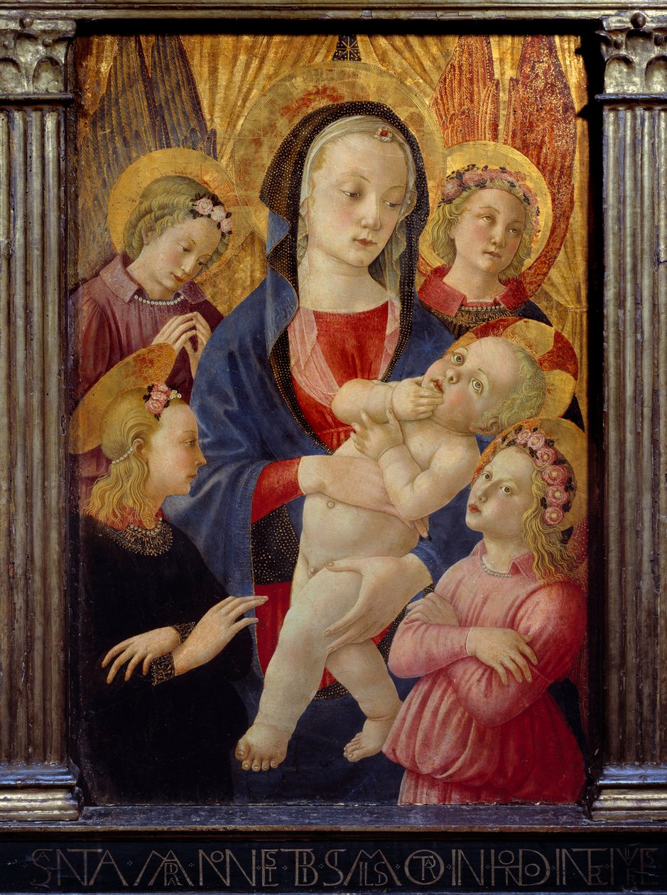 Jomfruen og barnet omgivet af fire engle. Maleri af Fødselsmesteren Castello Ec. Ital. af Master of the Castello Nativity