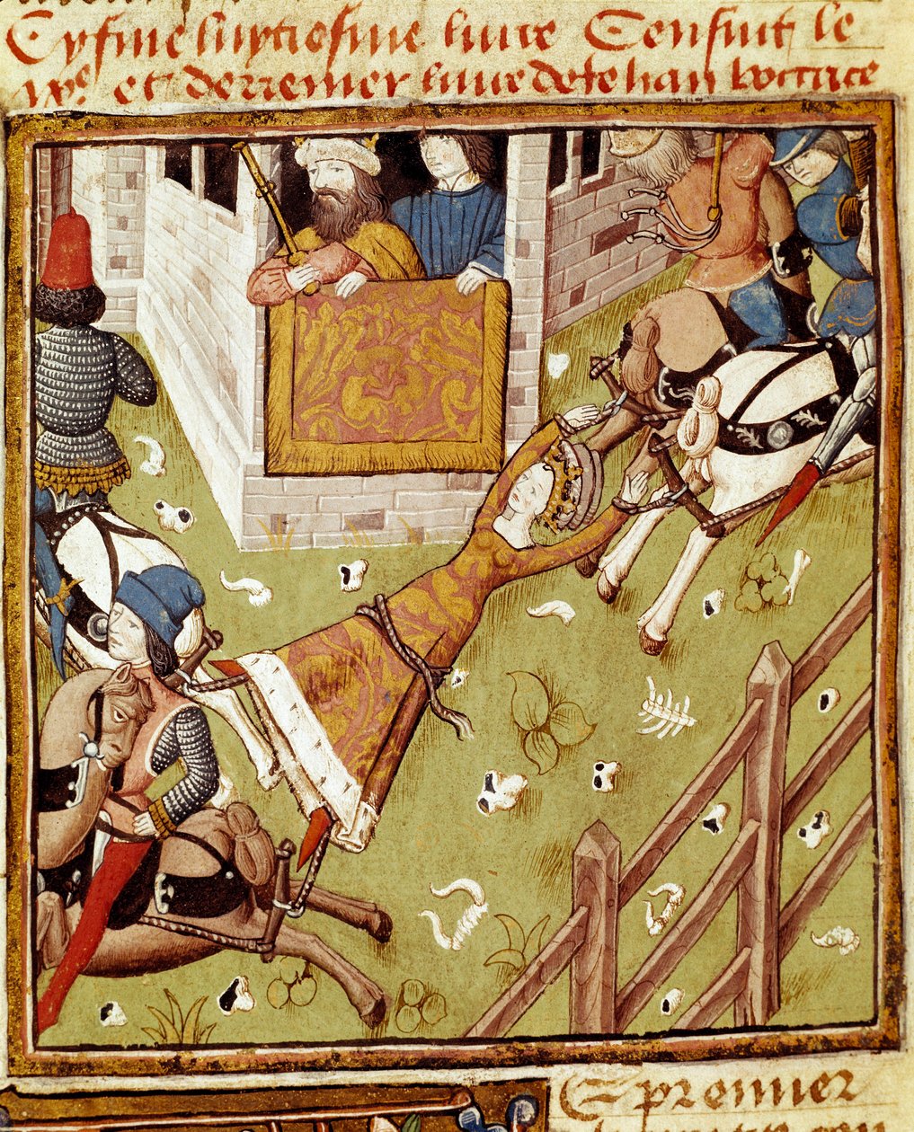 Brunehauts tortur: Brunehaut eller Brunehilde (543-613), fangen af Clotaire (Clothaire) II, bliver revet fra hinanden af heste, der trækker dens medlemmer fra hver side - Miniature af Mesteren af Damernes Mester fra manuskriptet "" Des hommes illustres """ af Master of the Champion des Dames