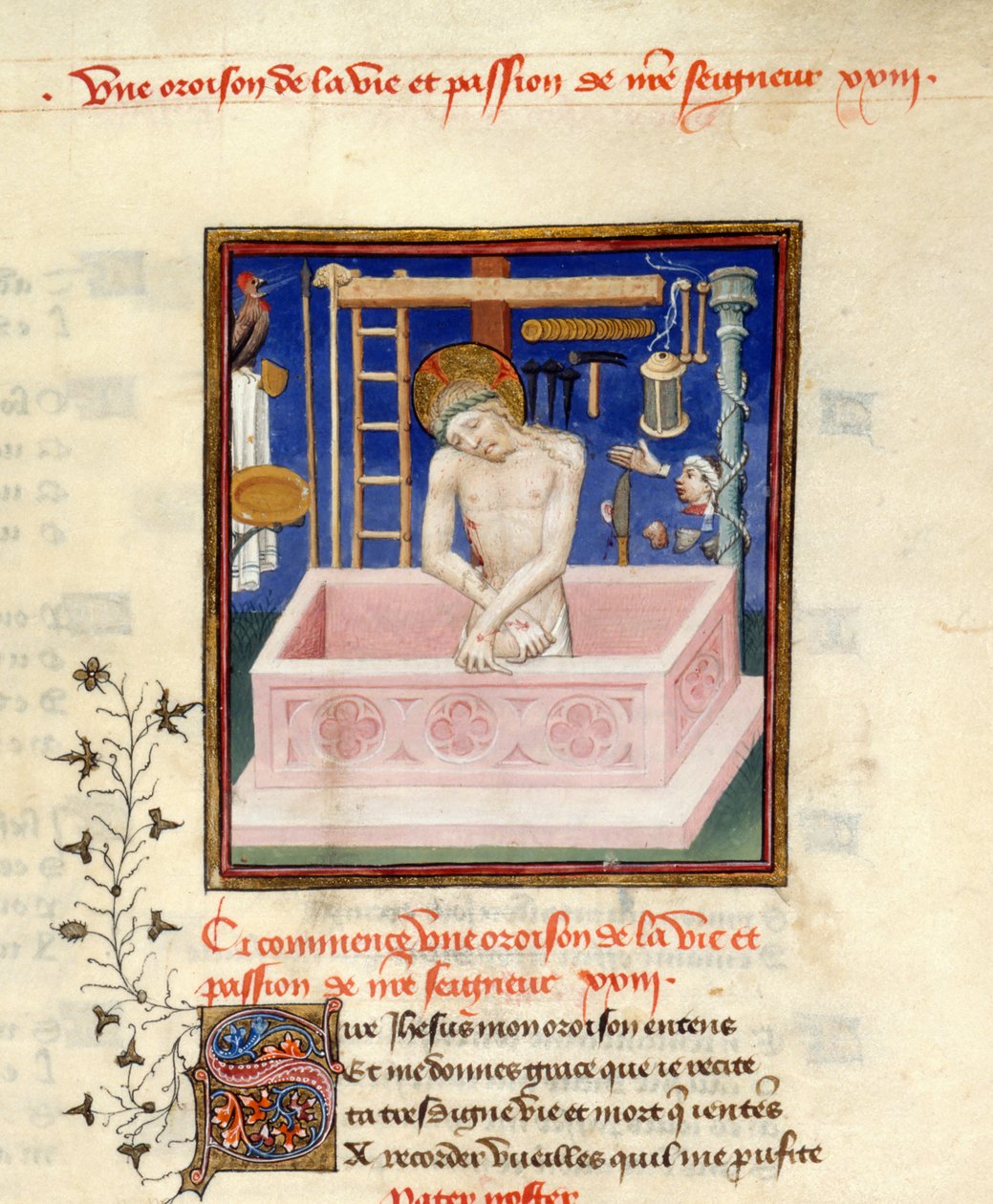 Detalje af en miniature af Kristus som sorgens mand i begyndelsen af en bøn til Kristus, Harley 4431, f.257, fra 