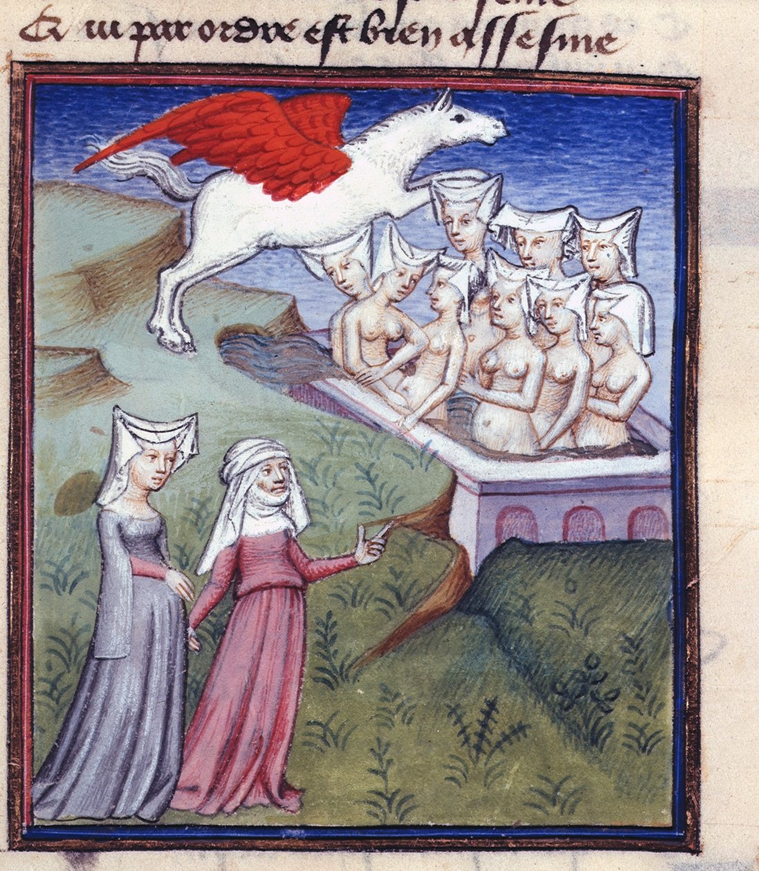 Harl 4431 fol.183 Ni muser badende, fra de samlede værker af Christine de Pisan af Master of the Cité des Dames