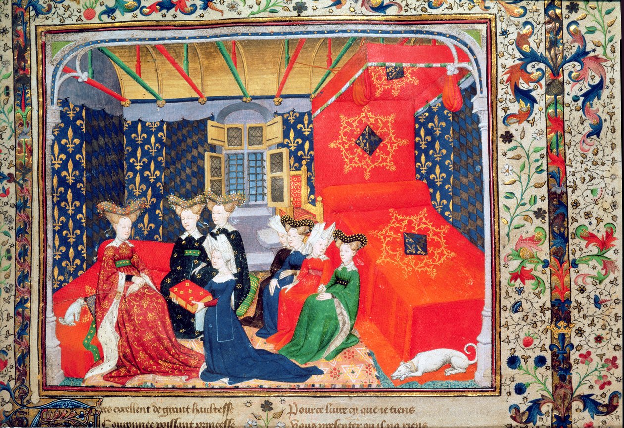 Harl 4431 fol.3 Christine de Pisan præsenterer sin bog til dronning Isabella af Bayern, fra Christine de Pisans digte, ca. 1410-15 (vellum) af Master of the Cité des Dames