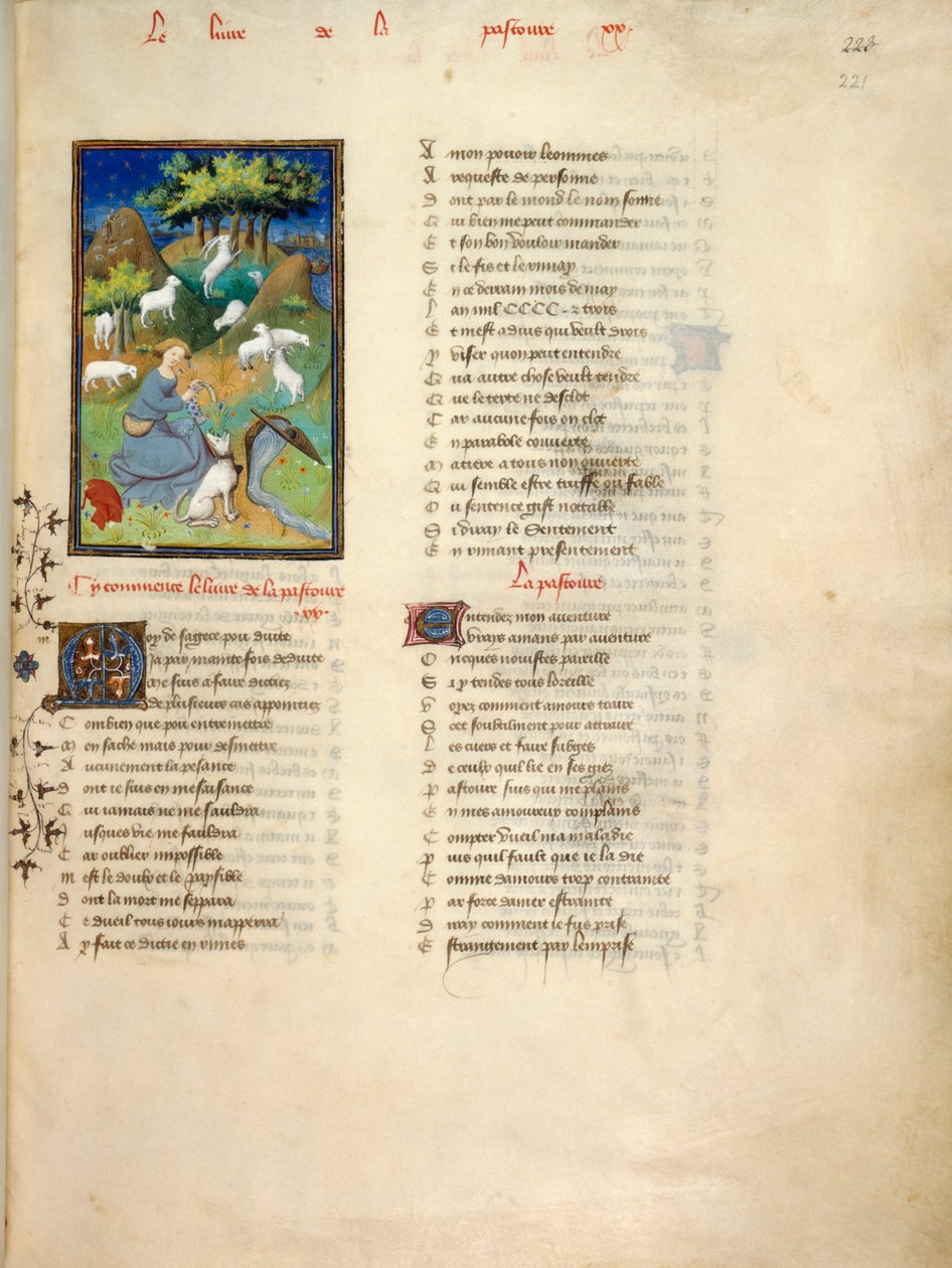 Harley 4431, fol.221 Hyrdinde holder øje med sin flok, fra Le Dit de la Pastoure, fra 