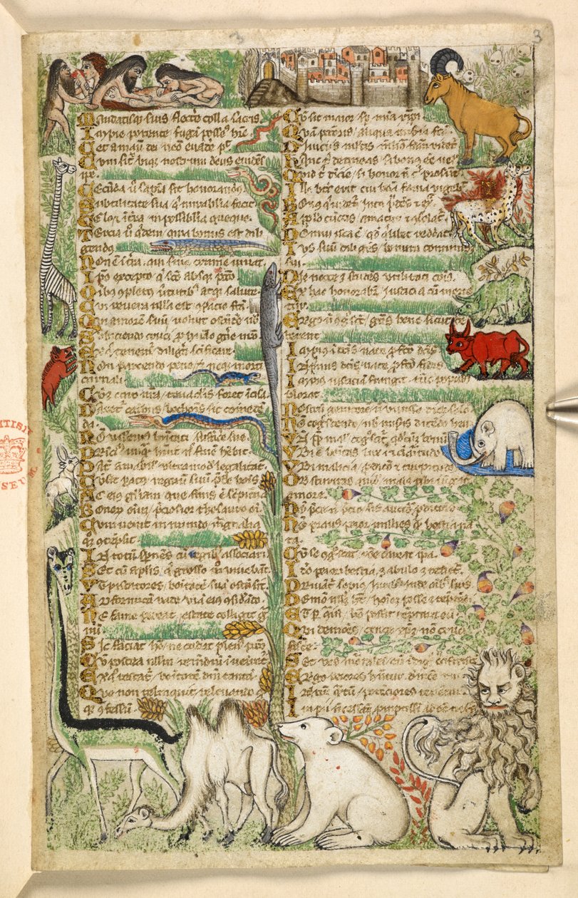 Tilføje. 28841, f.3: Kannibaler, en befæstet by og eksotiske dyr, herunder en giraf, løve, kamel og elefant, fra en afhandling om dyder og laster og en anonym prosahistorie på Sicilien (fragment), ca. 1330- 40 (vellum) af Master of the Cocharelli Codex