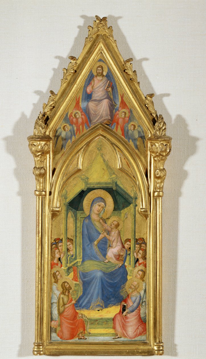 Madonna på en trone mellem to engle, Johannes Døberen og Sankt Peter (maleri på træ) af Master of the Codex of Saint George