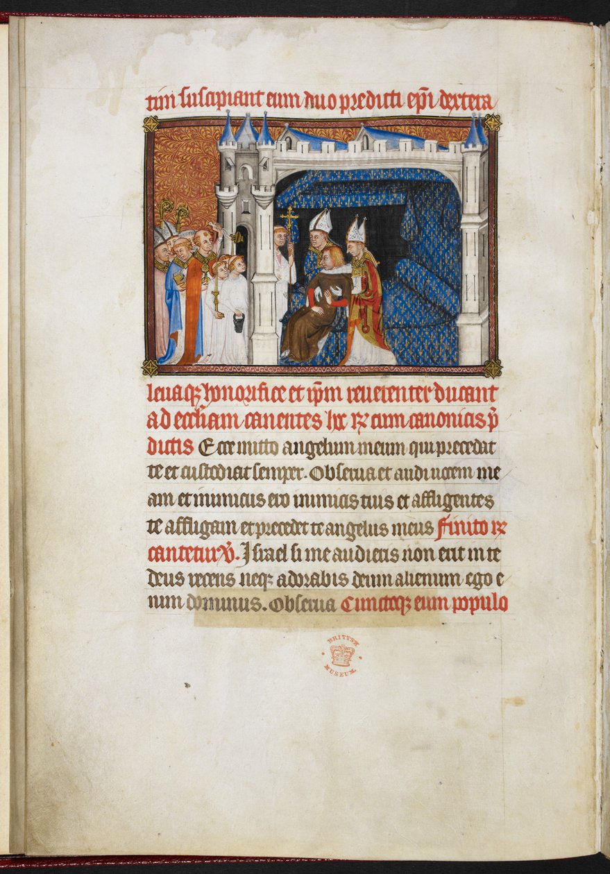 Cotton Tiberius B.VIII f.44v Biskopperne af Reims og Beauvais rejser kongen fra thalamus, fra 
