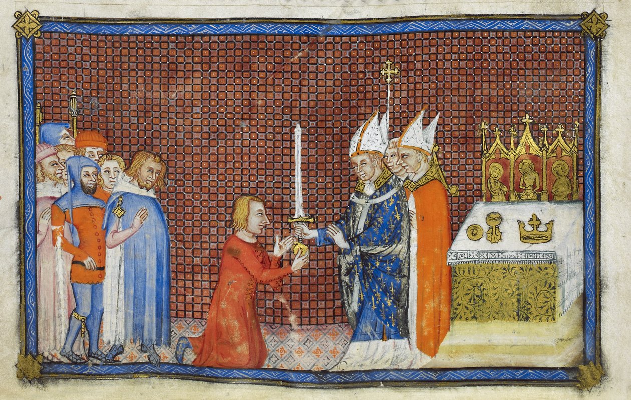 Bomuld Tiberius B. VIII f.49v Ærkebiskoppen af Reims returnerer sværdet til kongen, illustration fra 