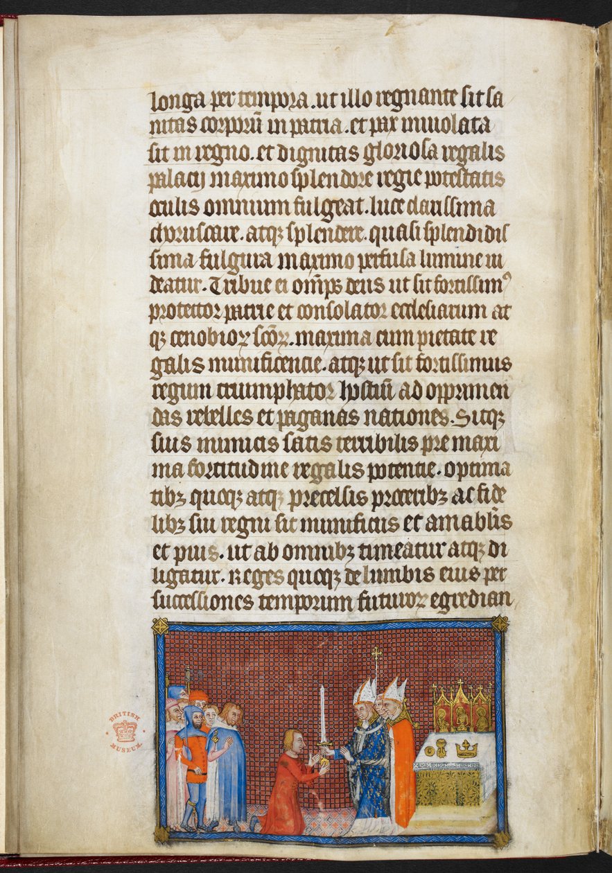 Bomuld Tiberius B. VIII f.49v Ærkebiskoppen af Reims returnerer sværdet til kongen, illustration fra 