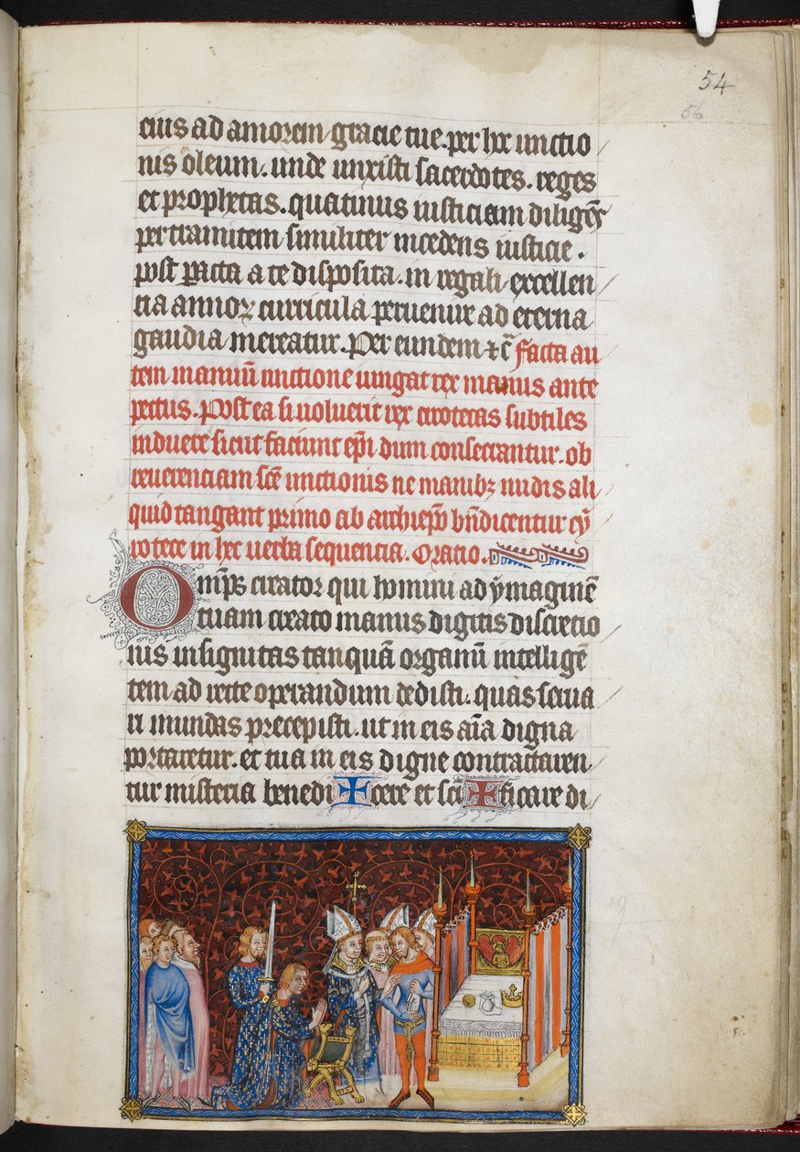 Bomuld Tiberius B. VIII f.56r Ærkebiskoppen af Reims velsignelse af kongens handsker, fra 