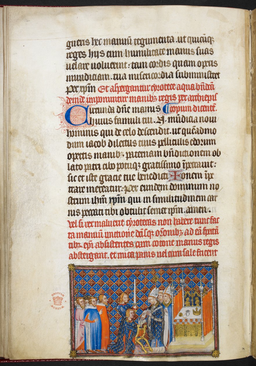 Cotton Tiberius B. VIII f.56v, Ærkebiskoppen af Reims lægger handskerne på kongens hænder, fra 