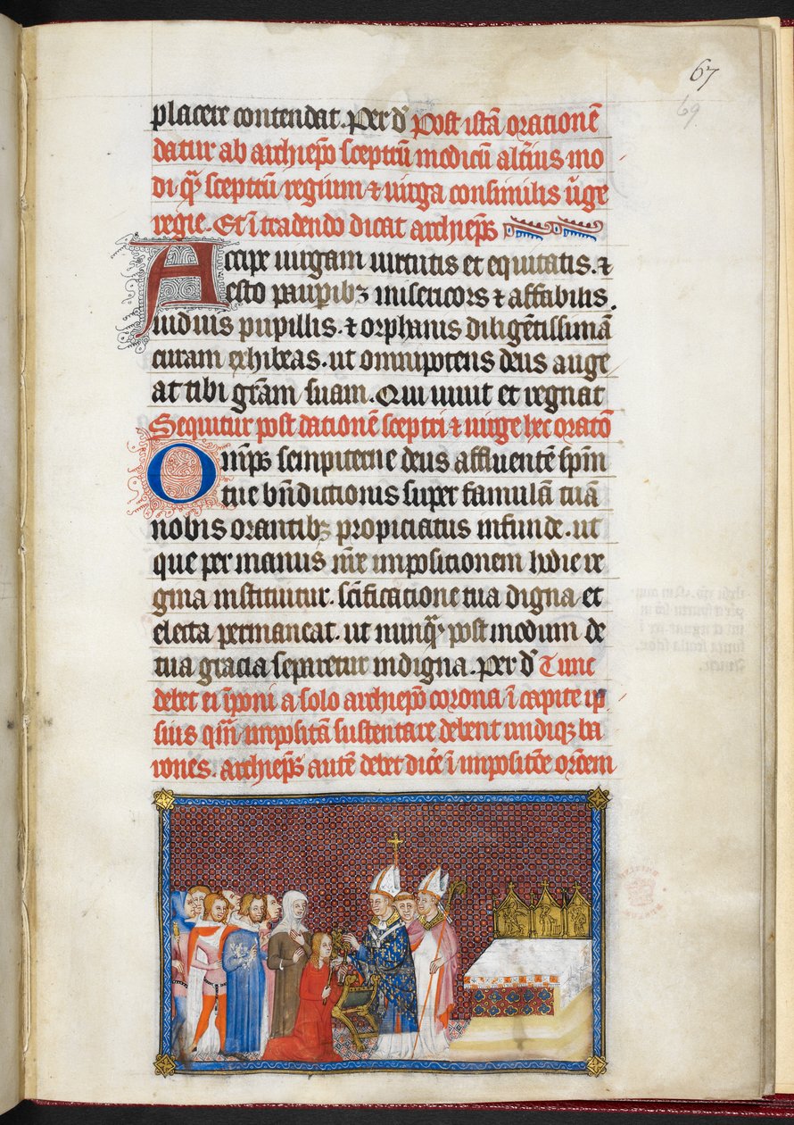 Bomuld Tiberius B. VIII f.69r Dronningen modtager scepter og virga, fra 