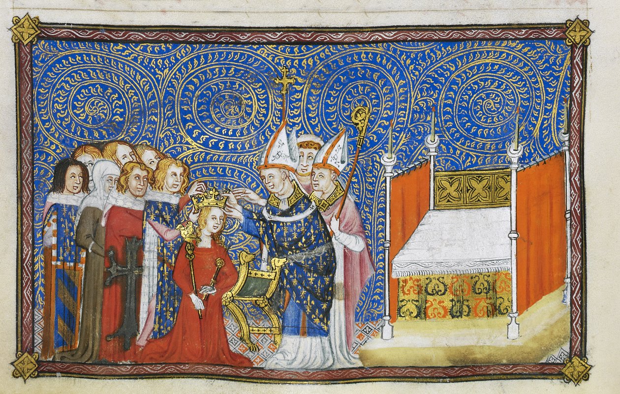 Bomuld Tiberius B. VIII f.69v Ærkebiskoppen af Reims sætter kronen på dronningens hoved og baronerne opretholder hendes krone, illustration fra 