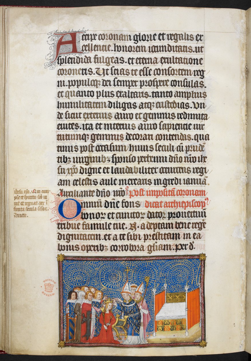 Bomuld Tiberius B. VIII f.69v Ærkebiskoppen af Reims sætter kronen på dronningens hoved og baronerne opretholder hendes krone, illustration fra 