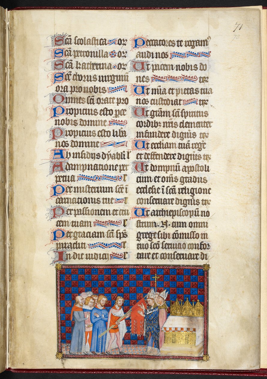 Cotton Tiberius B. VIII f.73r, Ærkebiskoppen af Reims velsigner Oriflamme, illustration fra 