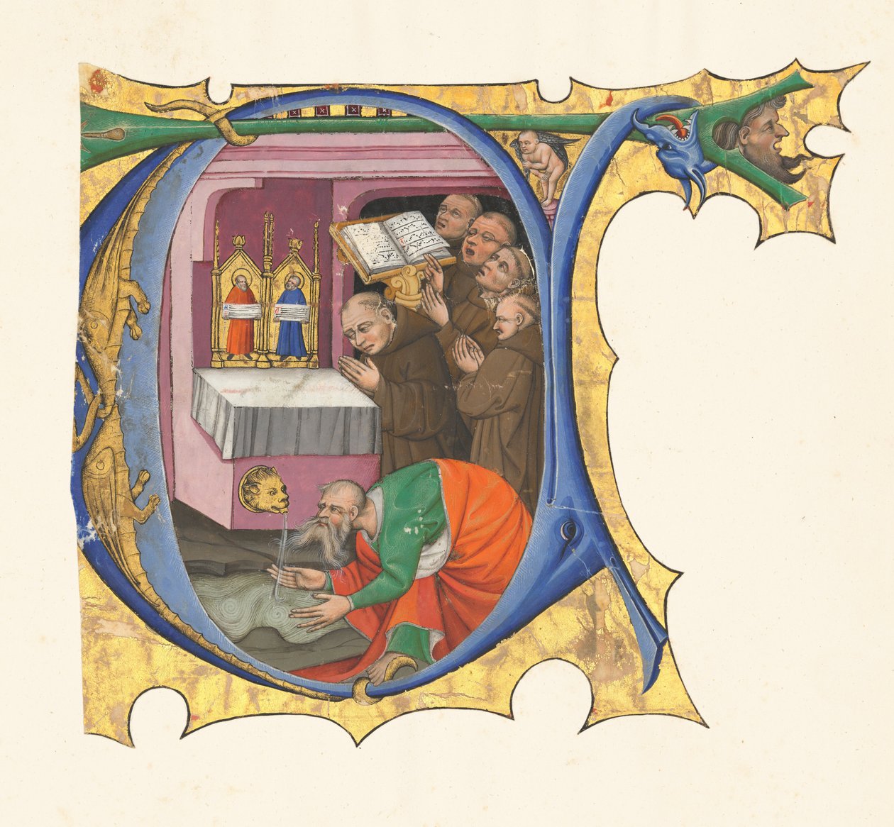 Indledende T med en gruppe benediktinermunke, der synger foran et alter, hvorfra der kommer vand af Master of the Cypresses