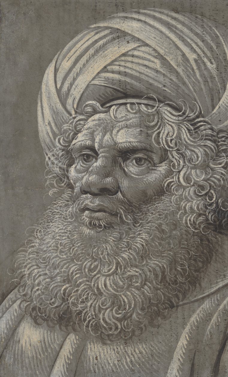 Hoved af en skægget mand iført turban recto, latinsk skrift verso, ca. 1510. af Master of the Death of Absalom