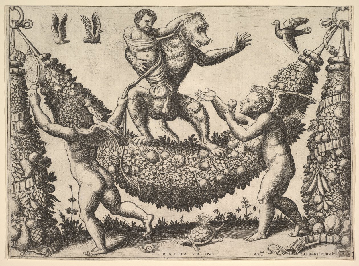 En abe, der holder en bundet putto stående på en guirlande, foran hvilken er to vingede p..., 1530-60. af Master of the Die