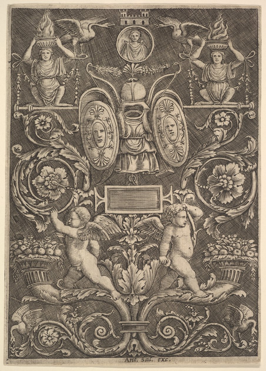 Et panel af ornament, putti stående på overflødighedshorn i nederste del, 1530-60. af Master of the Die