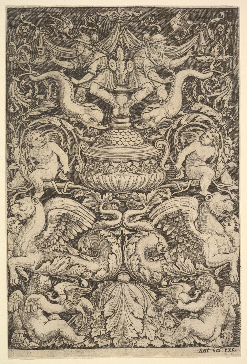 Et panel af ornament med en stor krukke i midten, putti og andre figurer, 1530-60. af Master of the Die
