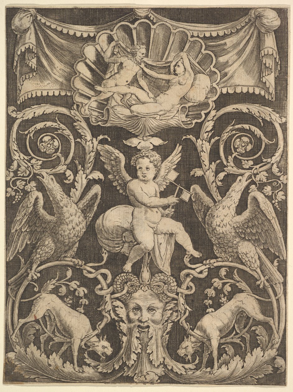 Et panel af ornament med en putto i midten med en vindmølle, 1532. af Master of the Die