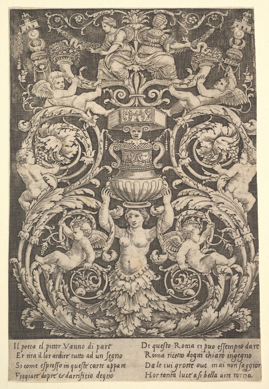 Et panel af ornament med en kvinde, der holder en vase i midten, 1532. af Master of the Die