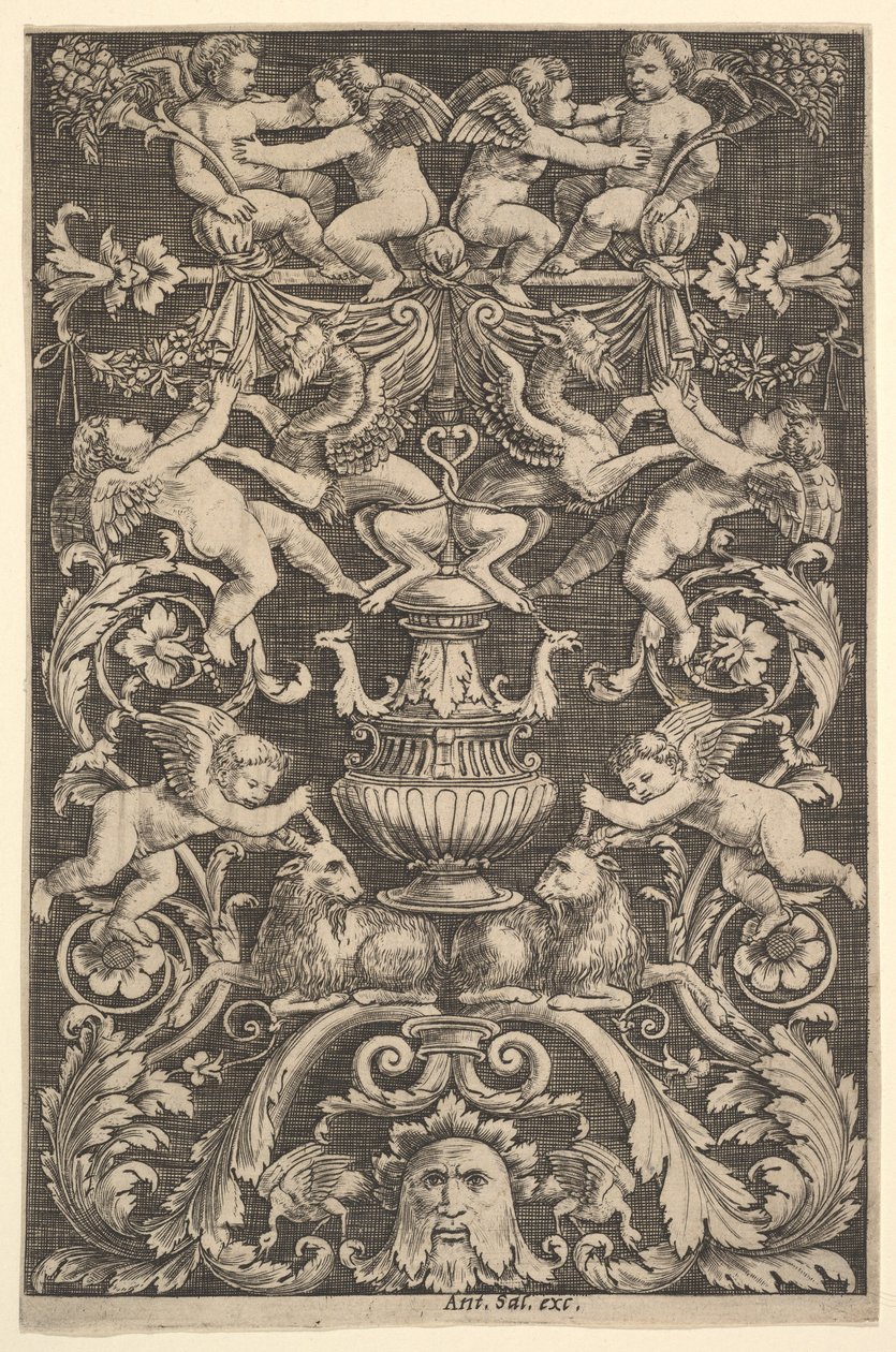 Et panel af ornament med putti, ged og andre figurer, 1530-60. af Master of the Die