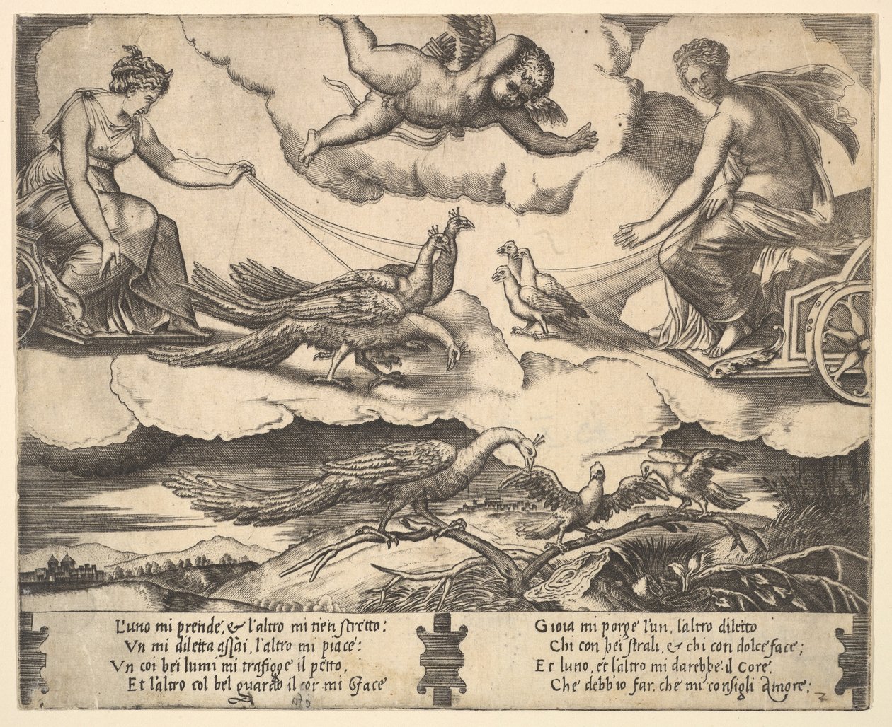 Allegori om ægteskab og kærlighed, Juno i en vogn trukket af påfugle til venstre, Venus i en ..., 1530-60. af Master of the Die