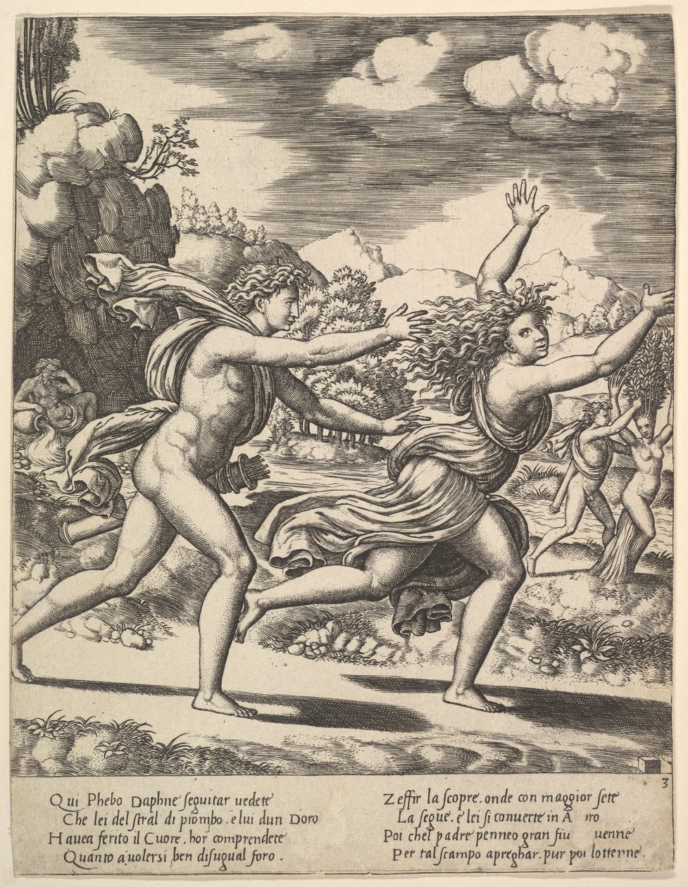 Apollo jagter Daphne, der slår armene op, i baggrunden til højre viser mor..., 1530-60. af Master of the Die