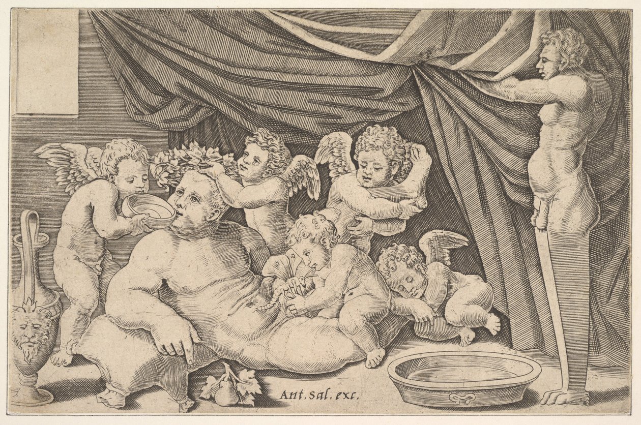 Bacchus omgivet af Putti, en statue af Priapus til højre, 1530-60. af Master of the Die