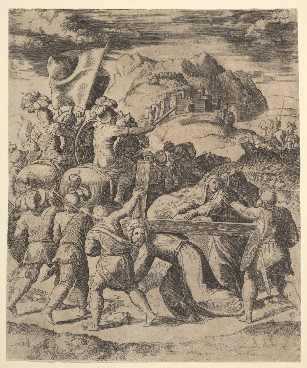 Kristus bar korset omgivet af soldater, flere til hest, 1530-60. af Master of the Die