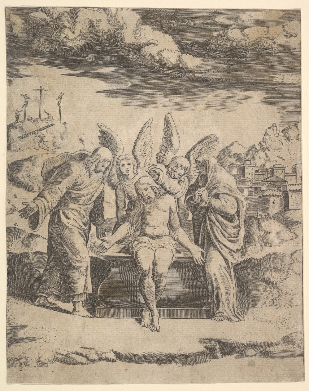 Kristus sad på graven støttet af engle, 1530-60. af Master of the Die