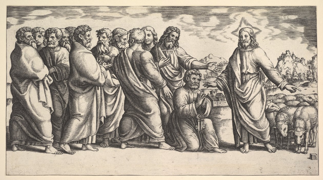Kristus står til venstre og viser til en flok får, foran ham knæler St. Peter hol..., 1530-60. af Master of the Die