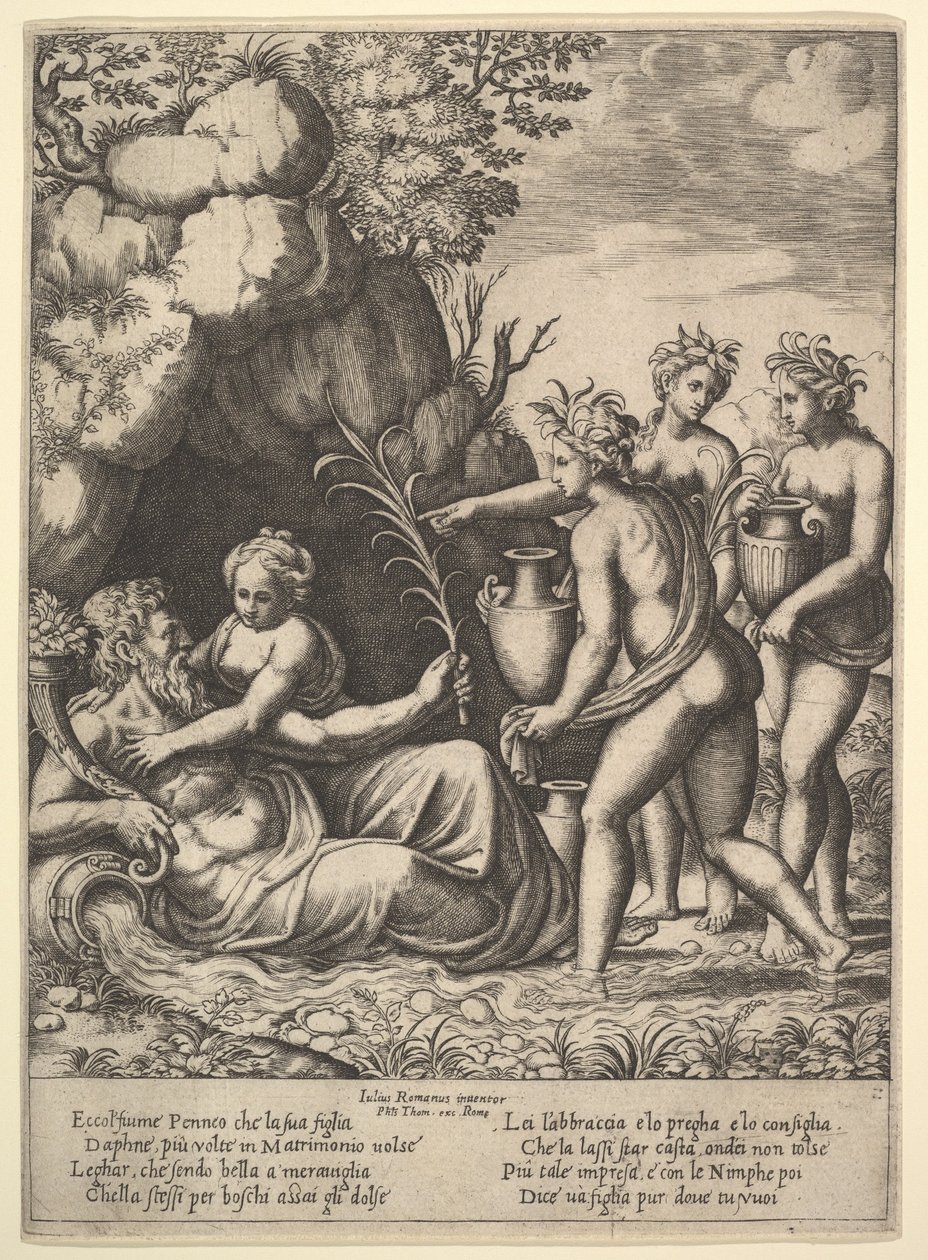 Daphne omfavner sin far, flodguden Peneus, til venstre bringer tre nymfer krukker ..., 1530-60. af Master of the Die
