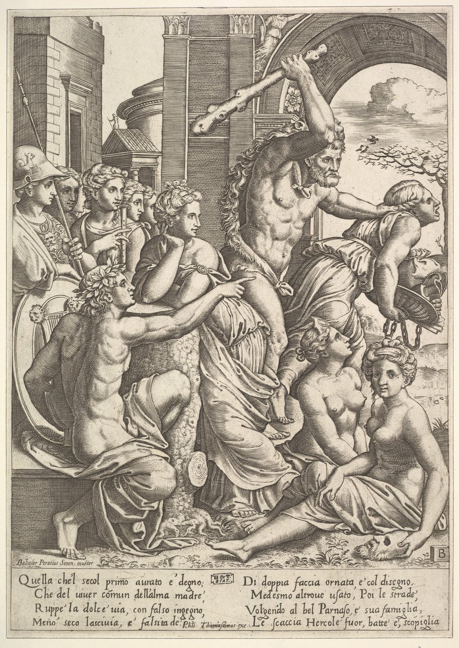 Misundelse eller griskhed til højre bliver drevet fra musernes tempel af Hercules, der ..., 1530-60. af Master of the Die