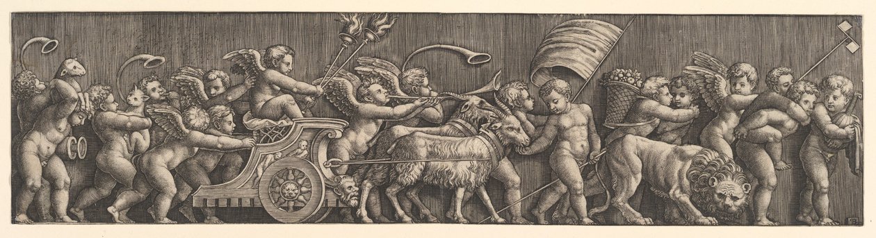 Frisearrangement, der skildrer kærlighedens triumf, Amor i en vogn ledet af geder, mand..., 1530-60. af Master of the Die