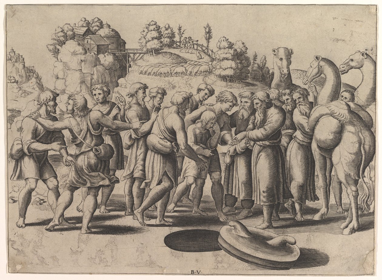Joseph i midten bliver solgt af sine brødre stående over en brønd, kameler til højre, 1533. af Master of the Die