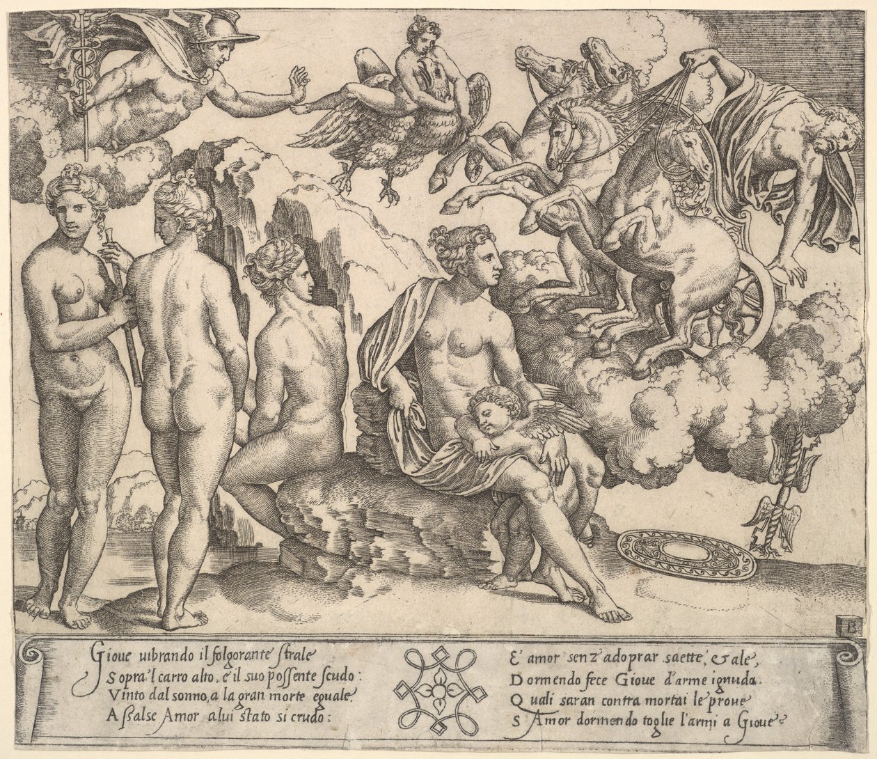 aJupiter vælter fra en hestevogn til højre, Ganymedes i form af en ørn..., 1530-60. af Master of the Die