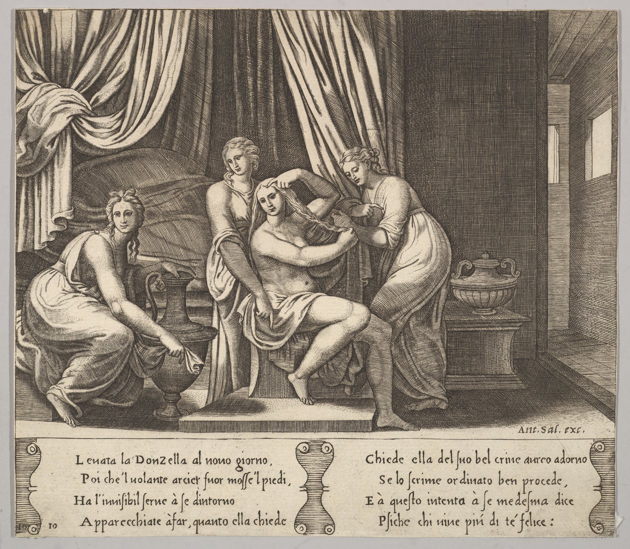 Plade 10: nymfer, der hjælper Psyche med at klæde hendes hår, fra 