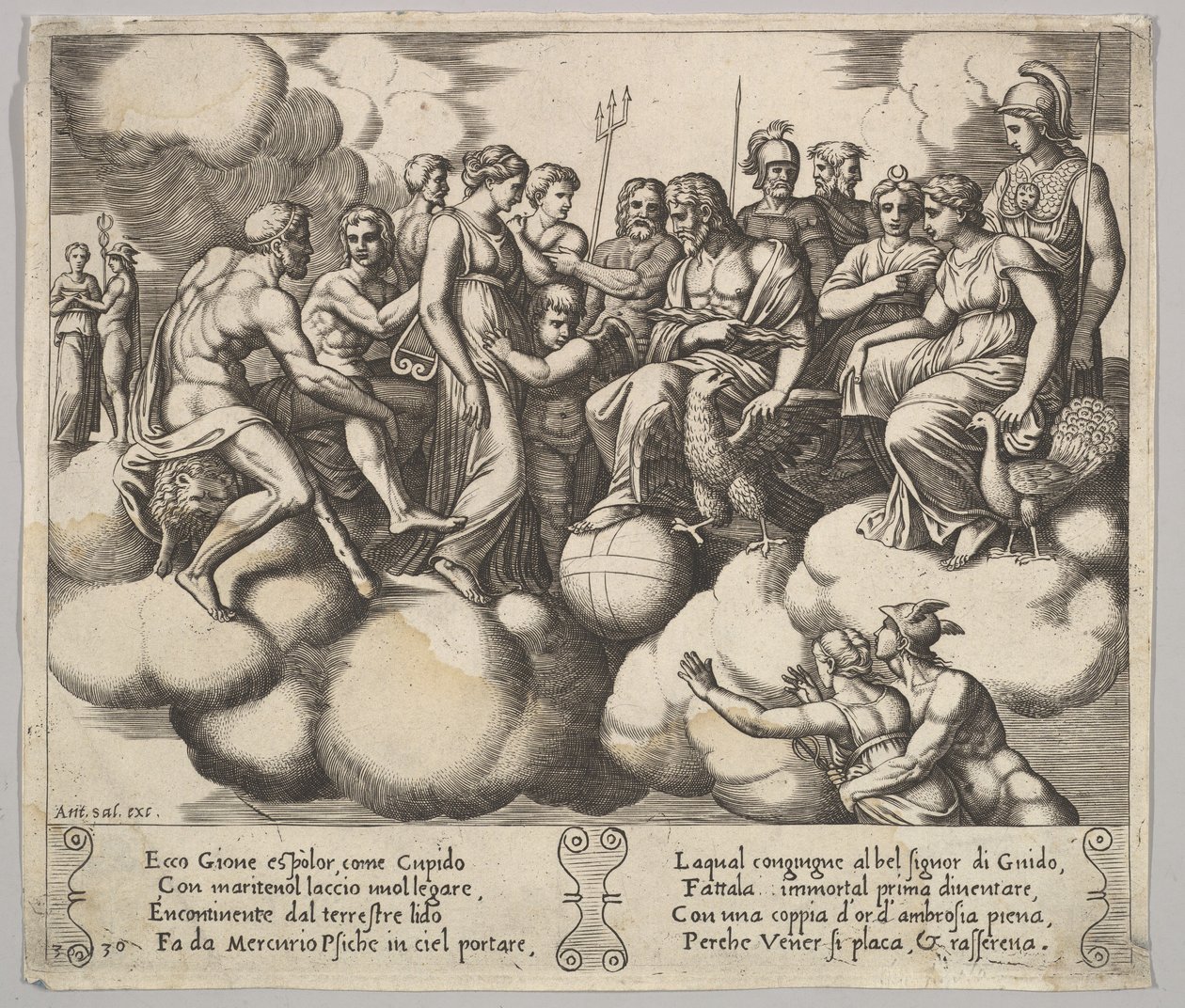 Plade 30: Venus og Amor forsvarer deres sag i nærværelse af Jupiter og andre guder..., 1530-60. af Master of the Die