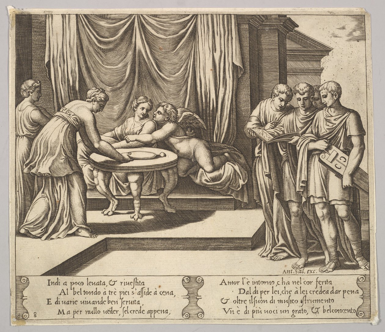 Tavle 8: Psyche siddende ved et bord og overværet af usynlige tjenere, Eros ved siden af g..., 1530-60. af Master of the Die