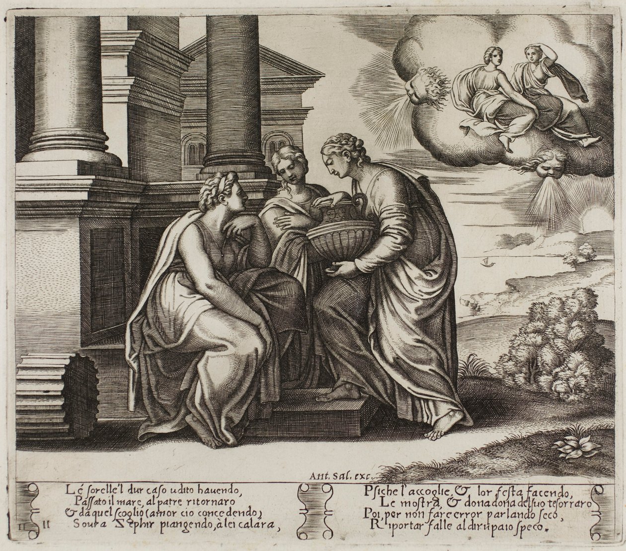 Psyche giver gaver til sine søstre af Master of the Die