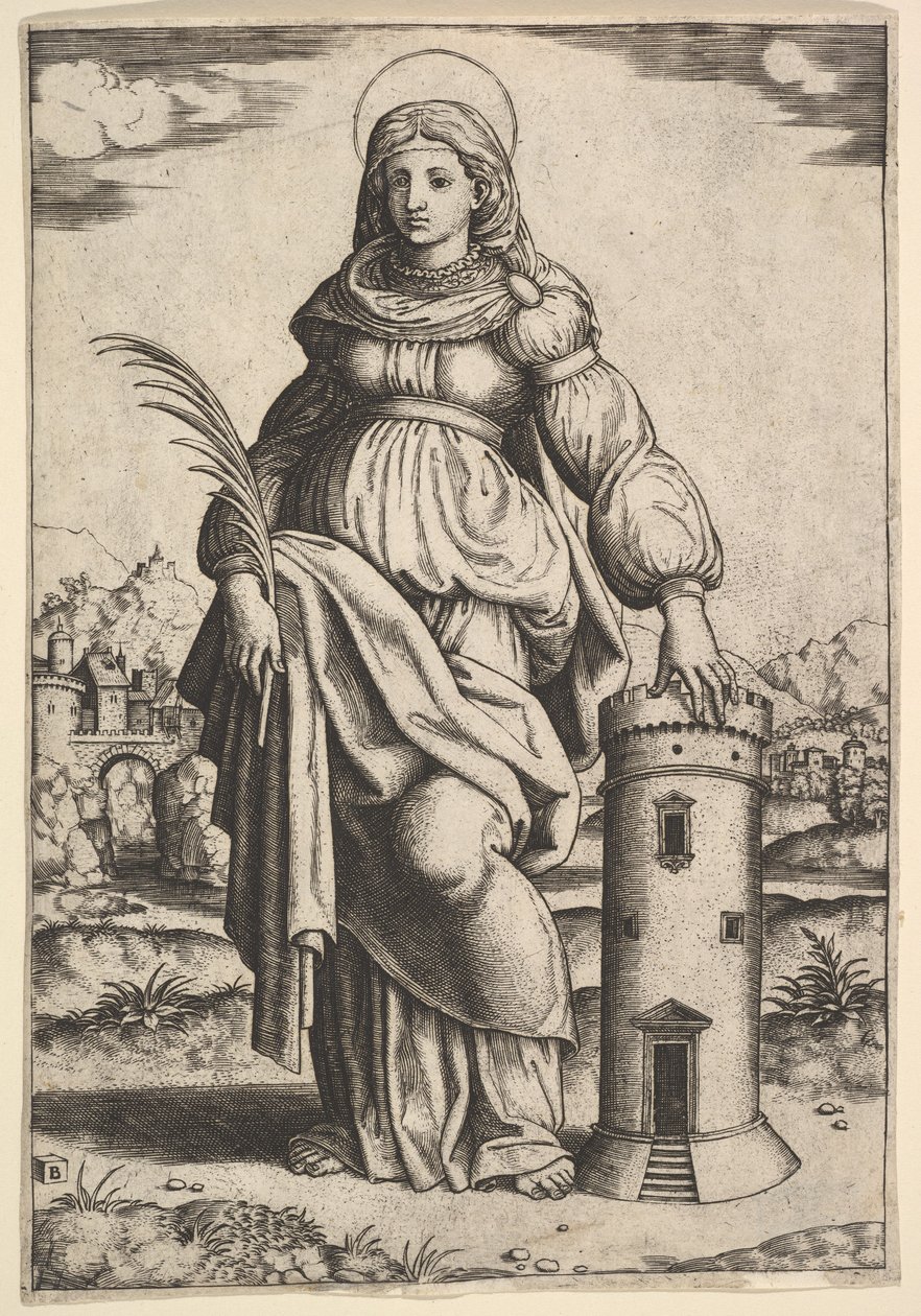 Sankt Barbara stående, håndfladen i højre hånd, hvilende venstre hånd på et tårn, 1530-60. af Master of the Die