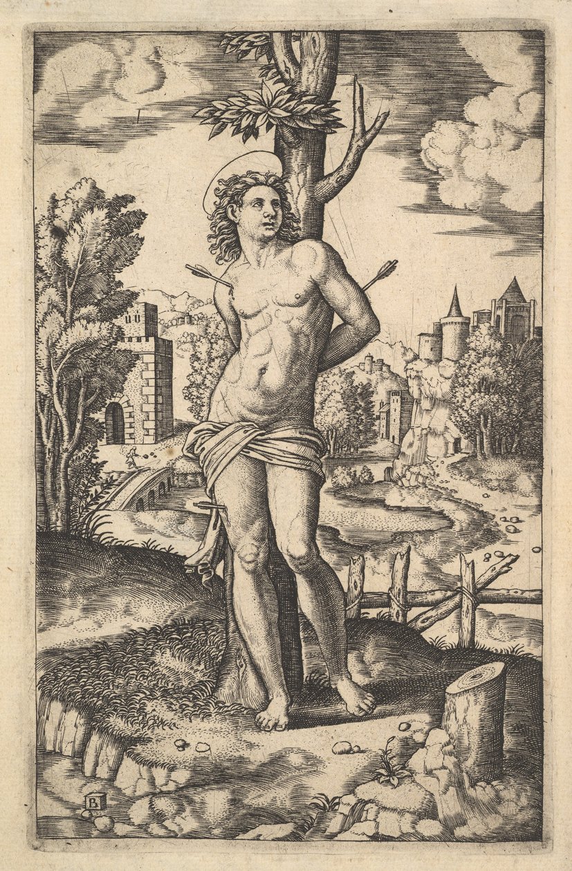 Sankt Sebastian bundet til et træ gennemboret af pile, 1530-60. af Master of the Die