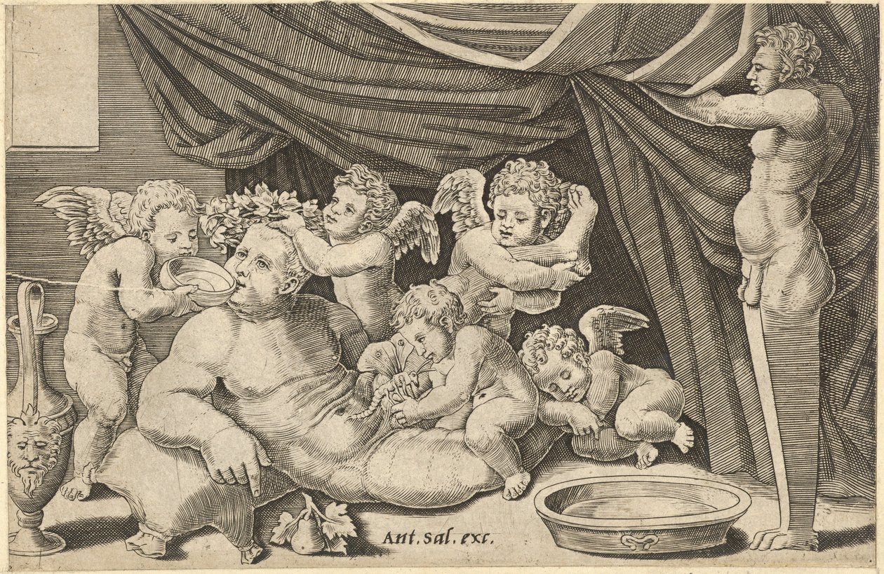 Mirror of Roman Magnificence: Bacchus Omgivet af Putti med Priapus, der holder ..., 1500-tallet. af Master of the Die