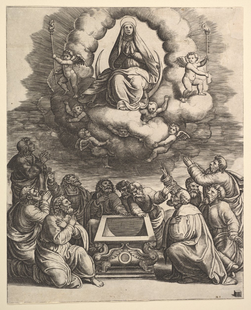 Jomfruens himmelfart, nedenfor apostlene omgiver graven, 1530-60. af Master of the Die