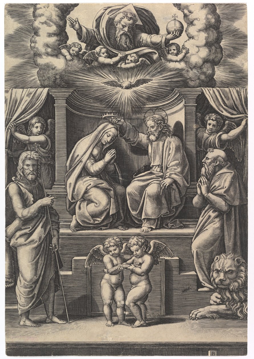 Jomfruens kroning, nederst til venstre står Johannes Døberen, nederst til højre ..., 1530-60. af Master of the Die