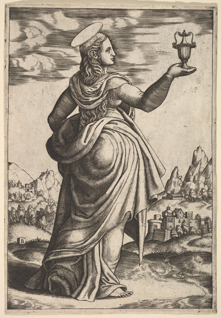 Magdalene stående mod højre, krukke holdt i sin løftede højre hånd, 1530-60. af Master of the Die