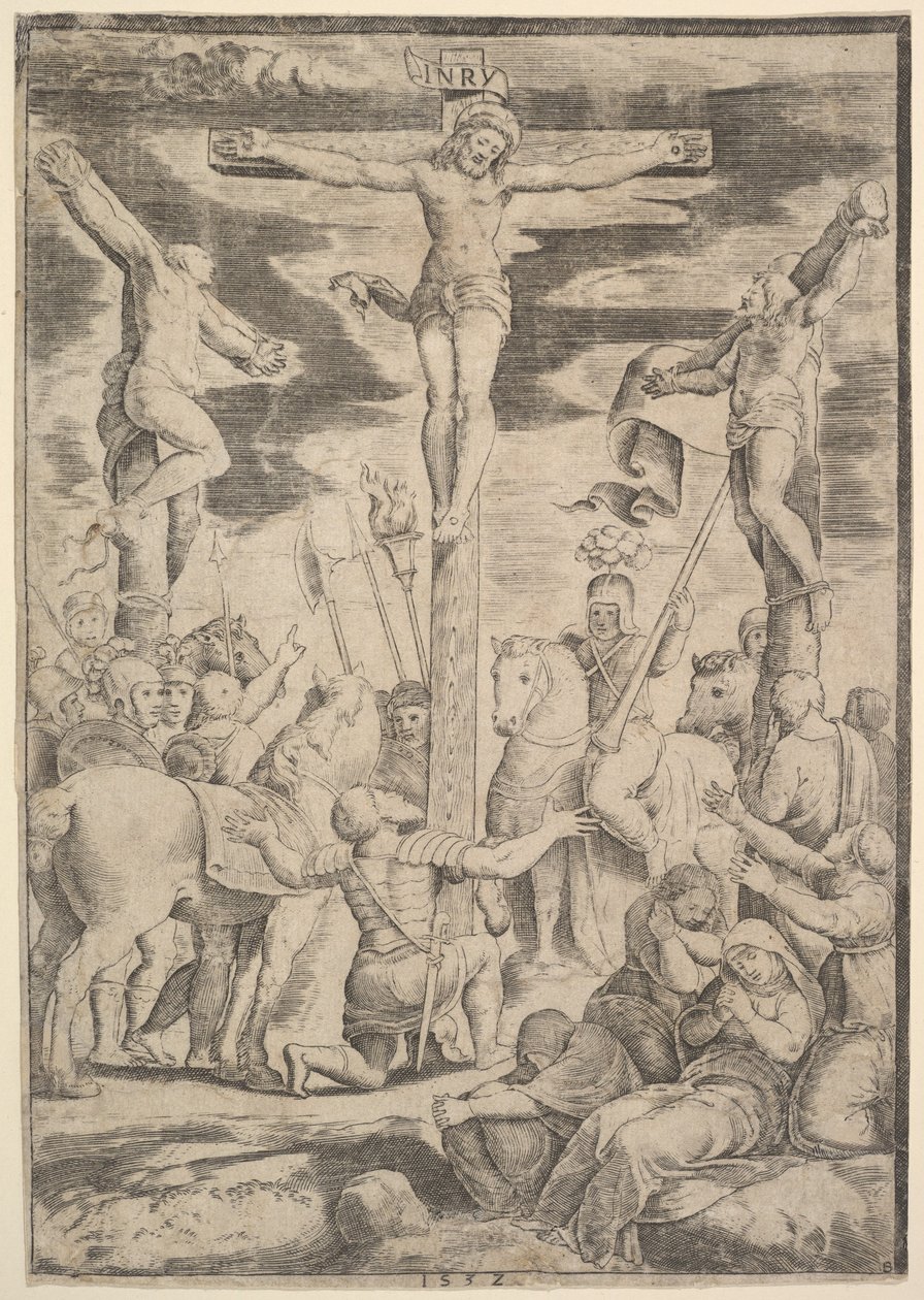 Centurionens omvendelse, der slår sine arme op foran Kristus på korset, 1532. af Master of the Die