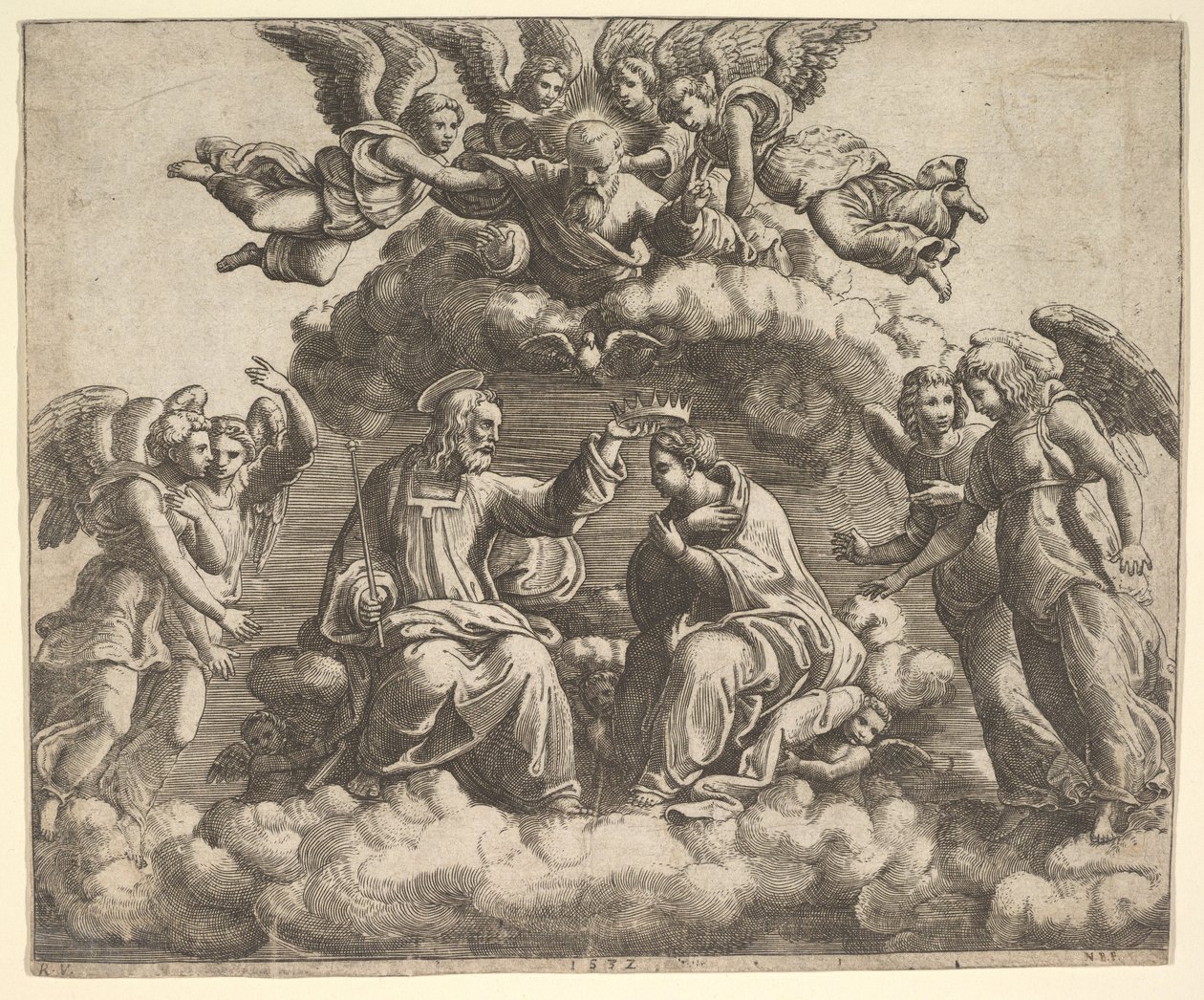 Jomfruens kroning, Kristus holder kronen over sit hoved, Gud Fader velsigne..., 1532. af Master of the Die
