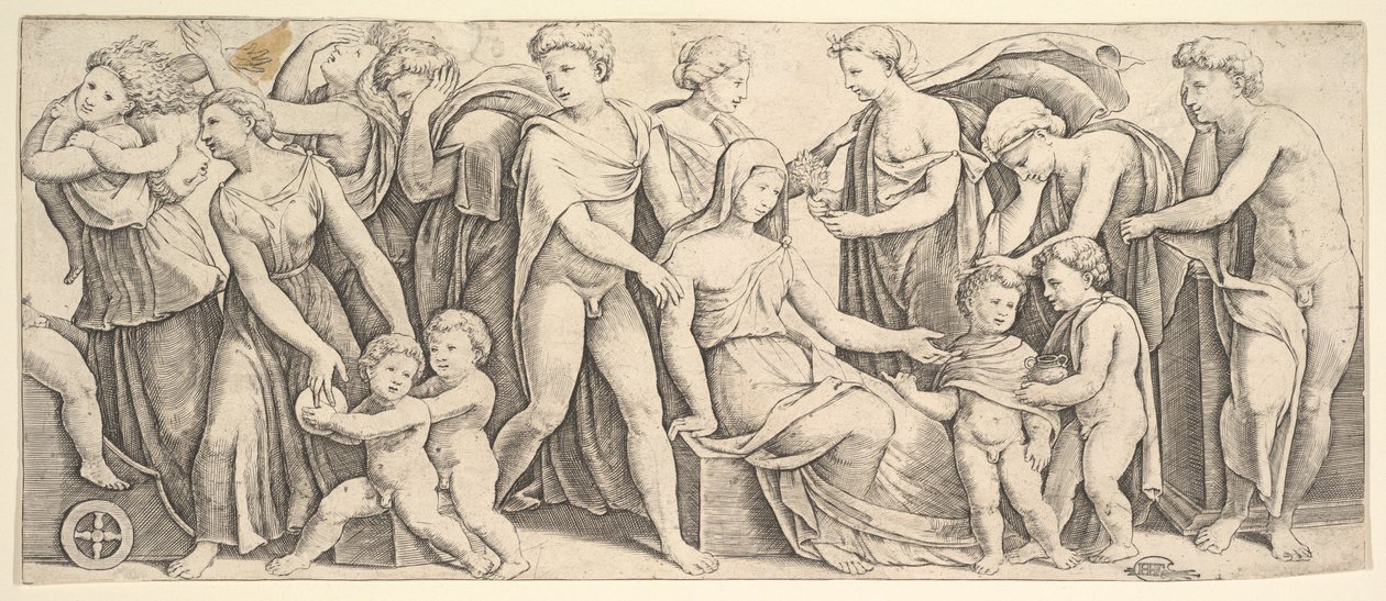 Bryllupet af Jason og Creusa, til venstre Medea tager hendes børn, 1530-60. af Master of the Die