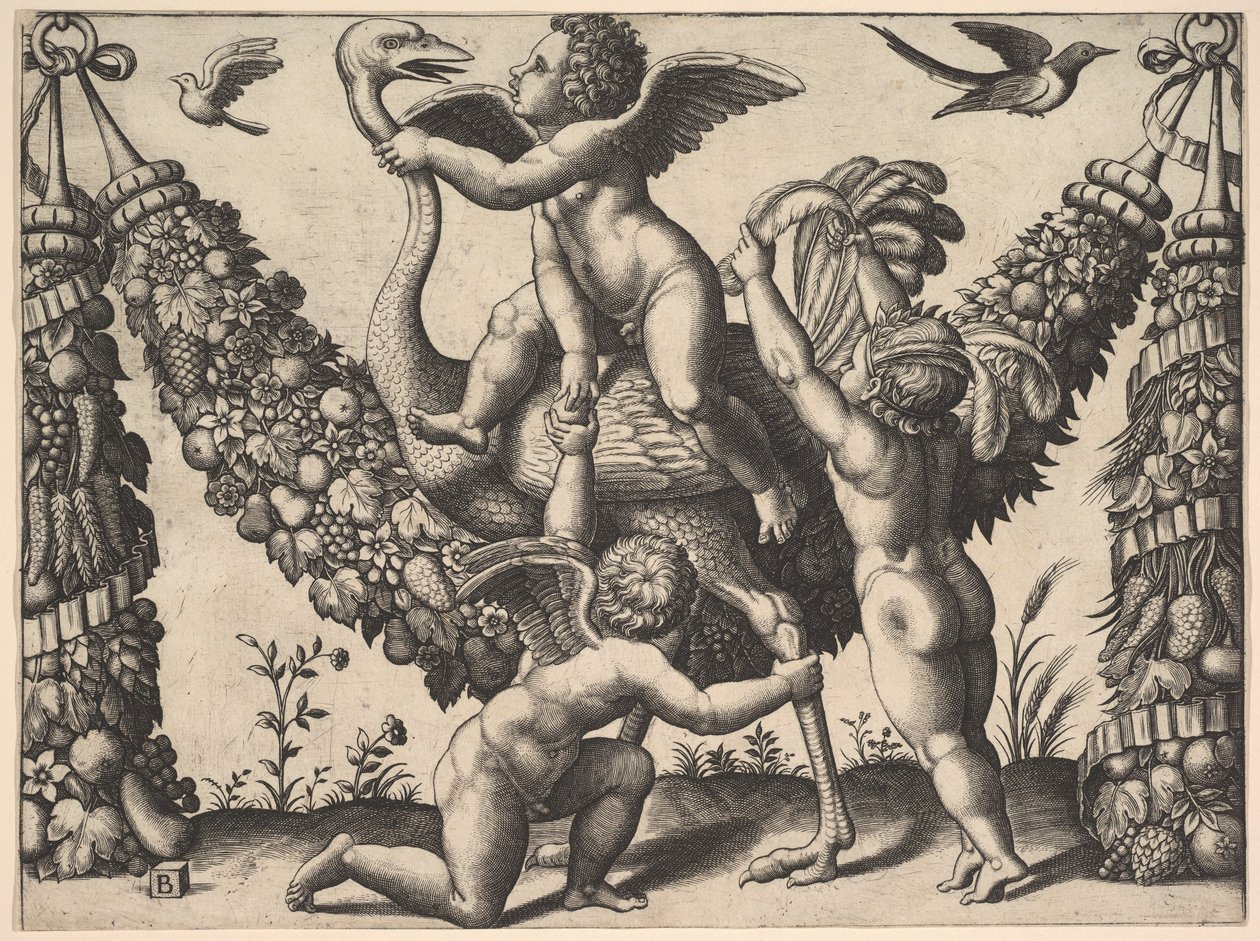 Tre putti før en stor guirlande, den i midten rider en struds, fra en ..., ca. 1530-40. af Master of the Die